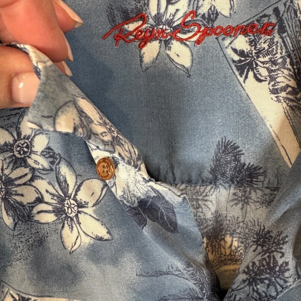Vintage Reyn Spooner Hawaiian Shirt Mens‎ Large Blue Floral Hibiscus Button Up